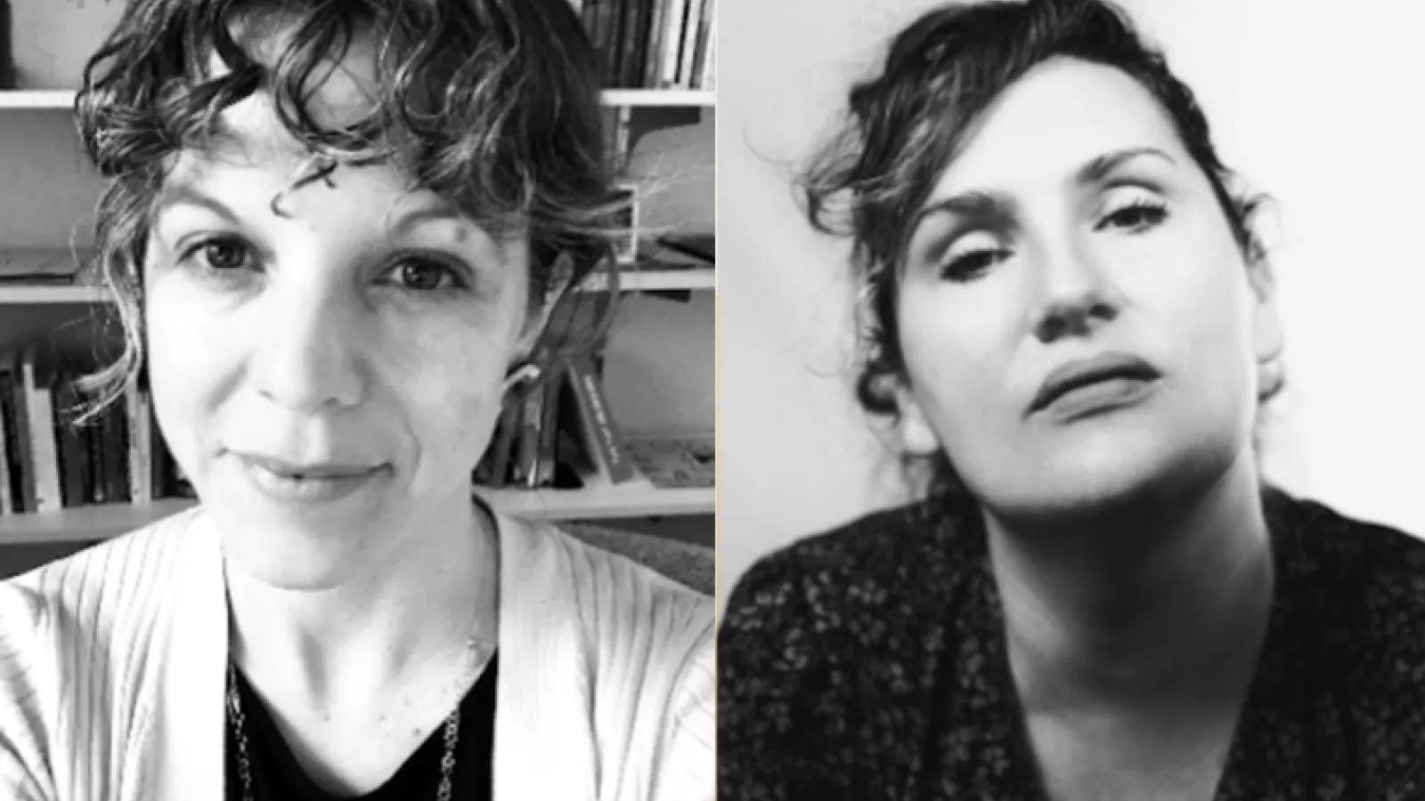 two separate black and white images of women