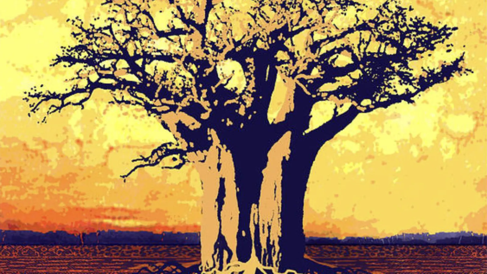 Large tree against a yellow sky with visible roots