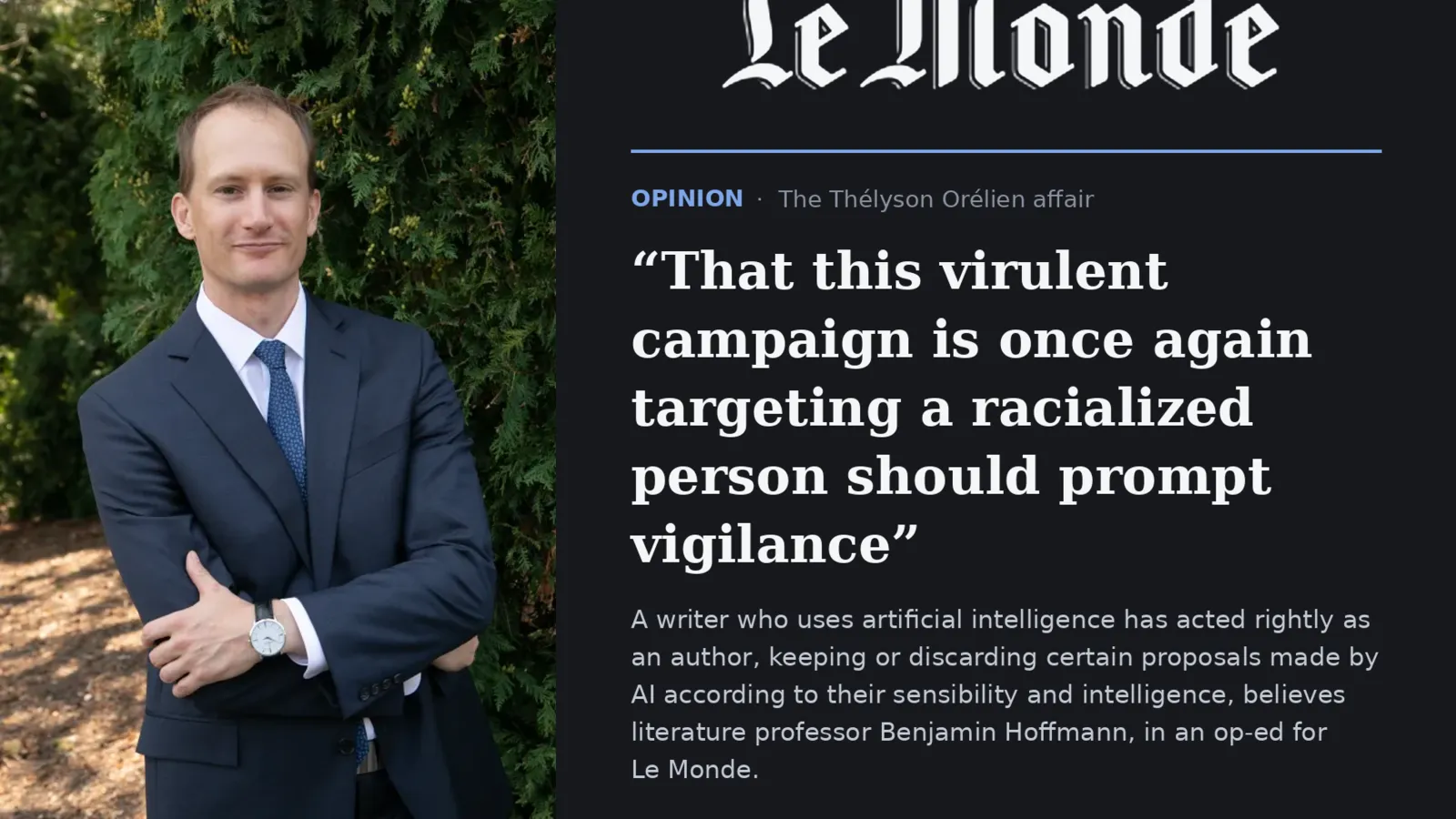 headshot of Benjamin Hoffmann with the cover for his article on Le Monde