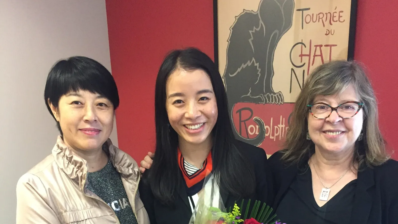 Xinyi Tan (middle) with her mother (left) and advisor Professor Danielle Marx-Scouras (right)