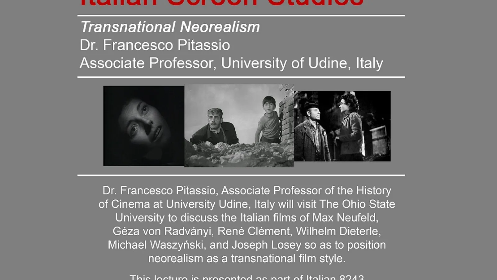 Transnational Neorealism Talk flyer, image shows shots of various films and event details.