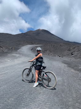 Woman mountain biking.