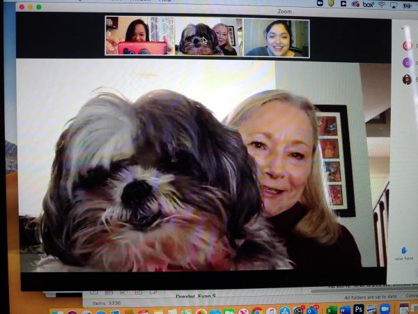 Rebecca Bias and her dog on Zoom