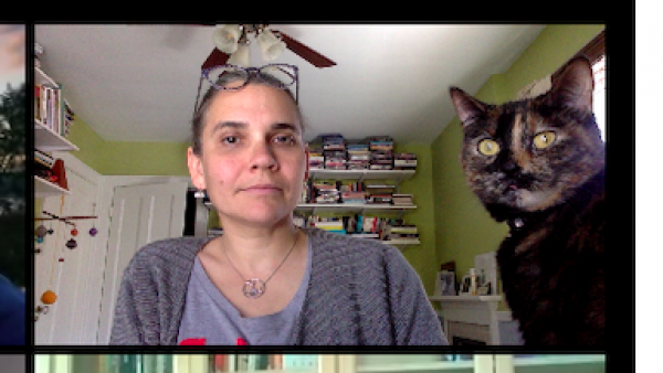 Professor Flinn with her cat on Zoom