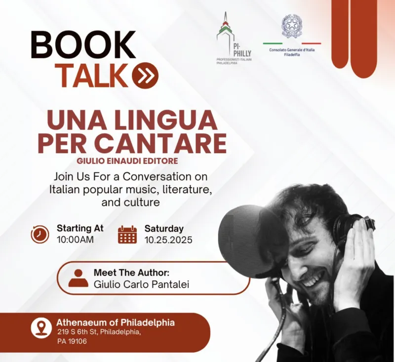 advertisement featuring a book talk on Italian culture
