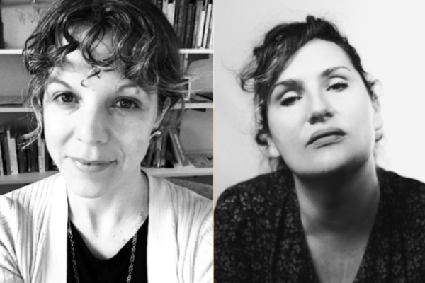 two separate black and white images of women