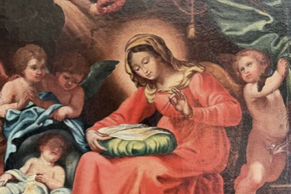 Painting of woman with baby surrounded by angels