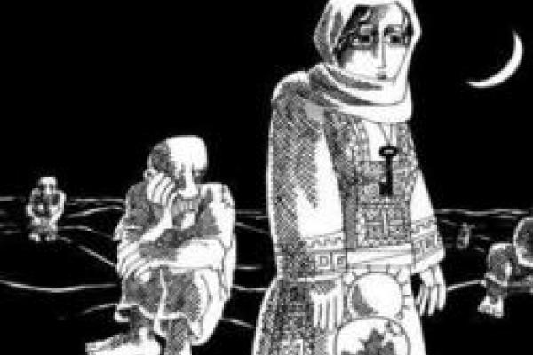 Cartoon image, immigrants at night