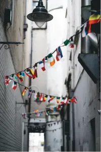 Flags in an alley of French-speaking nations
